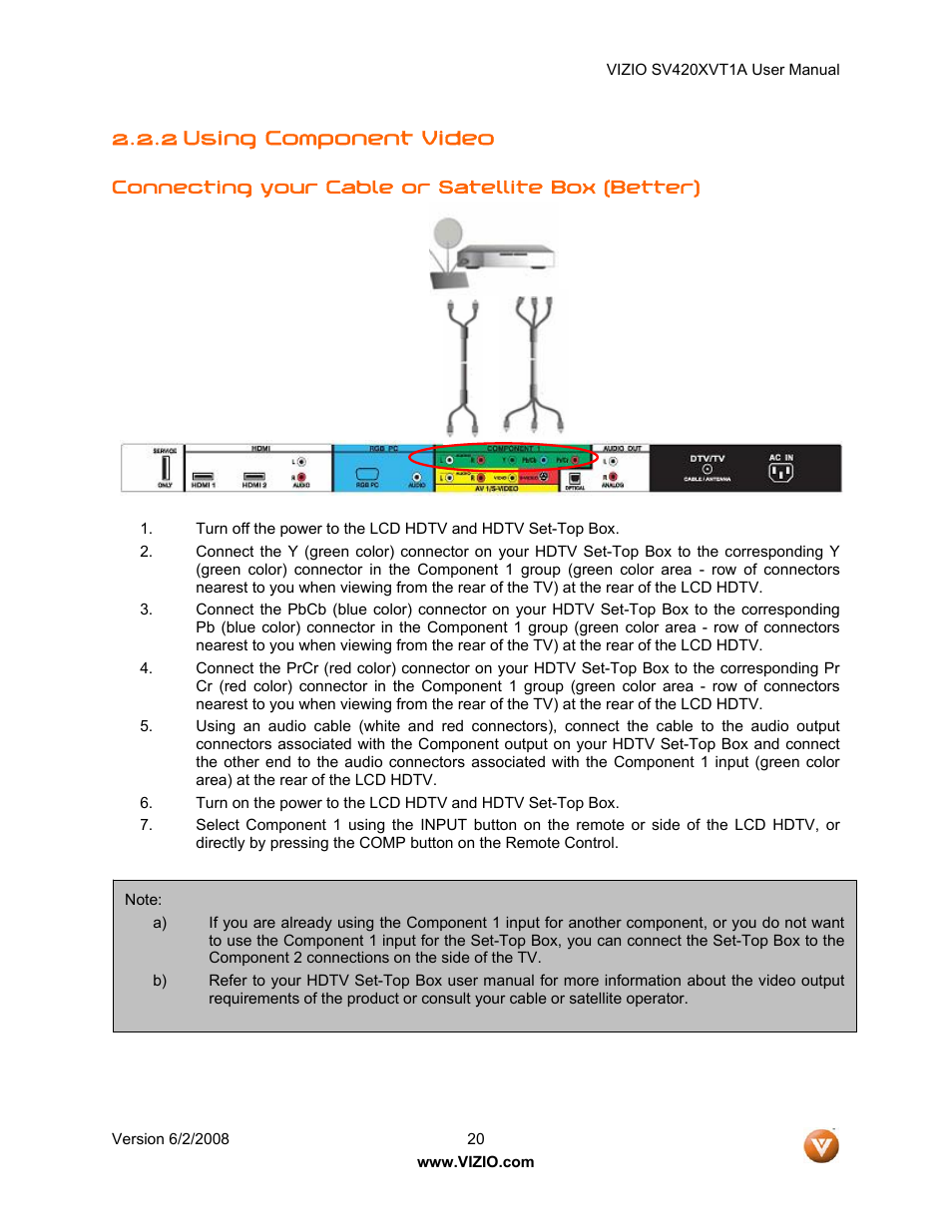 2 using component video | Vizio SV420XVT1A User Manual | Page 20 / 104