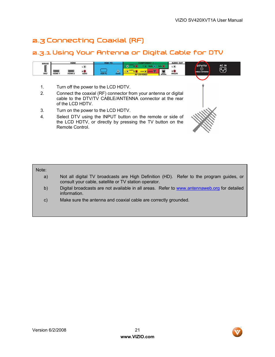 3 connecting coaxial (rf), Using your antenna or digital cable for dtv, 1 using your antenna or digital cable for dtv | Vizio SV420XVT1A User Manual | Page 21 / 104