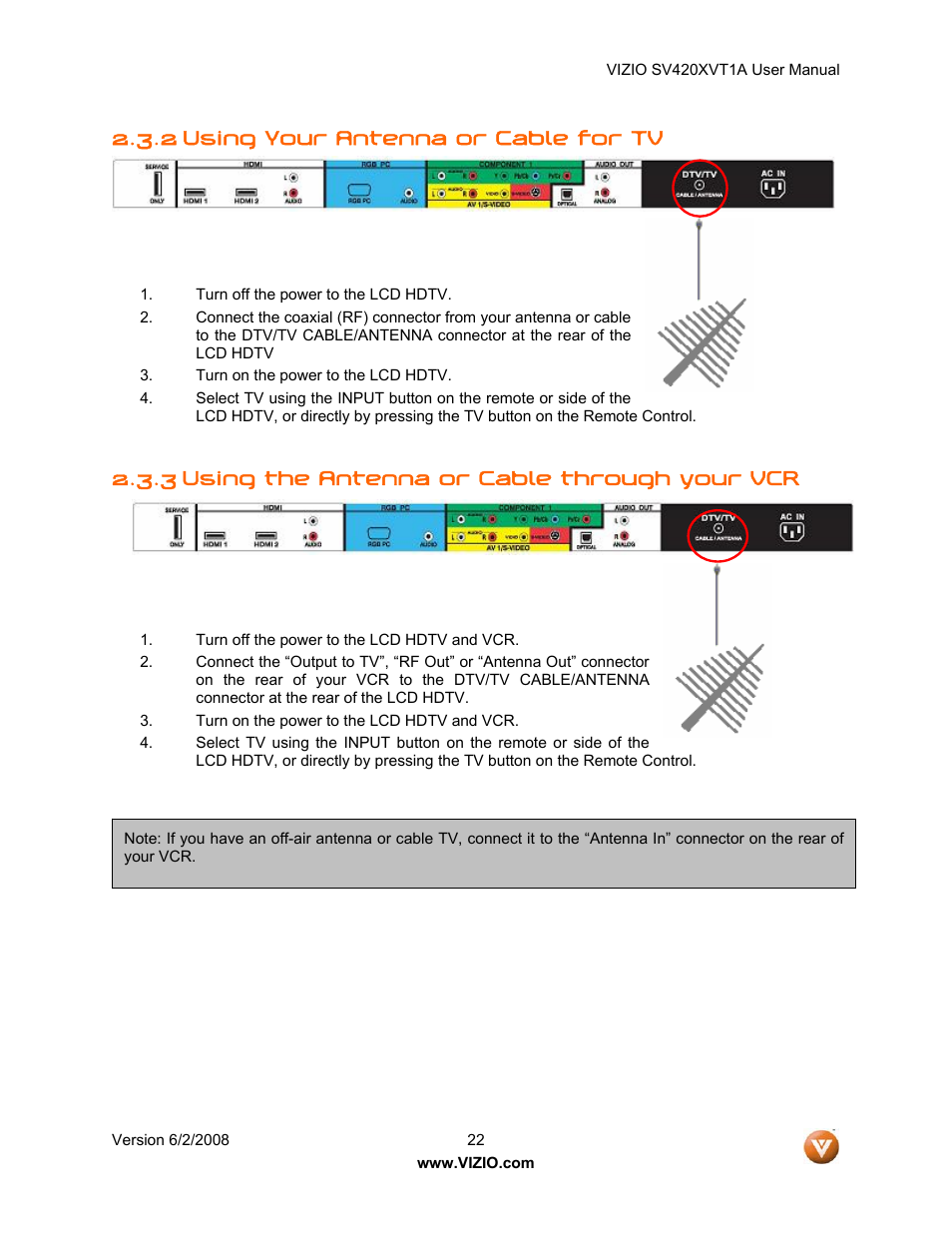 2 using your antenna or cable for tv, Using the antenna or cable through your vcr, 3 using the antenna or cable through your vcr | Vizio SV420XVT1A User Manual | Page 22 / 104