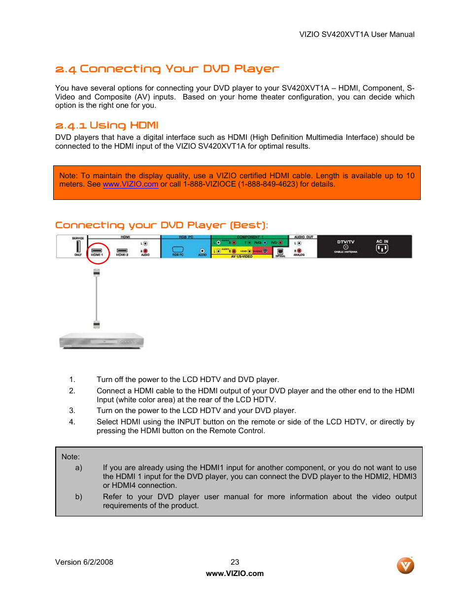 4 connecting your dvd player, 1 using hdmi | Vizio SV420XVT1A User Manual | Page 23 / 104