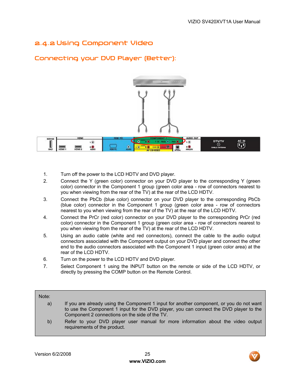2 using component video | Vizio SV420XVT1A User Manual | Page 25 / 104