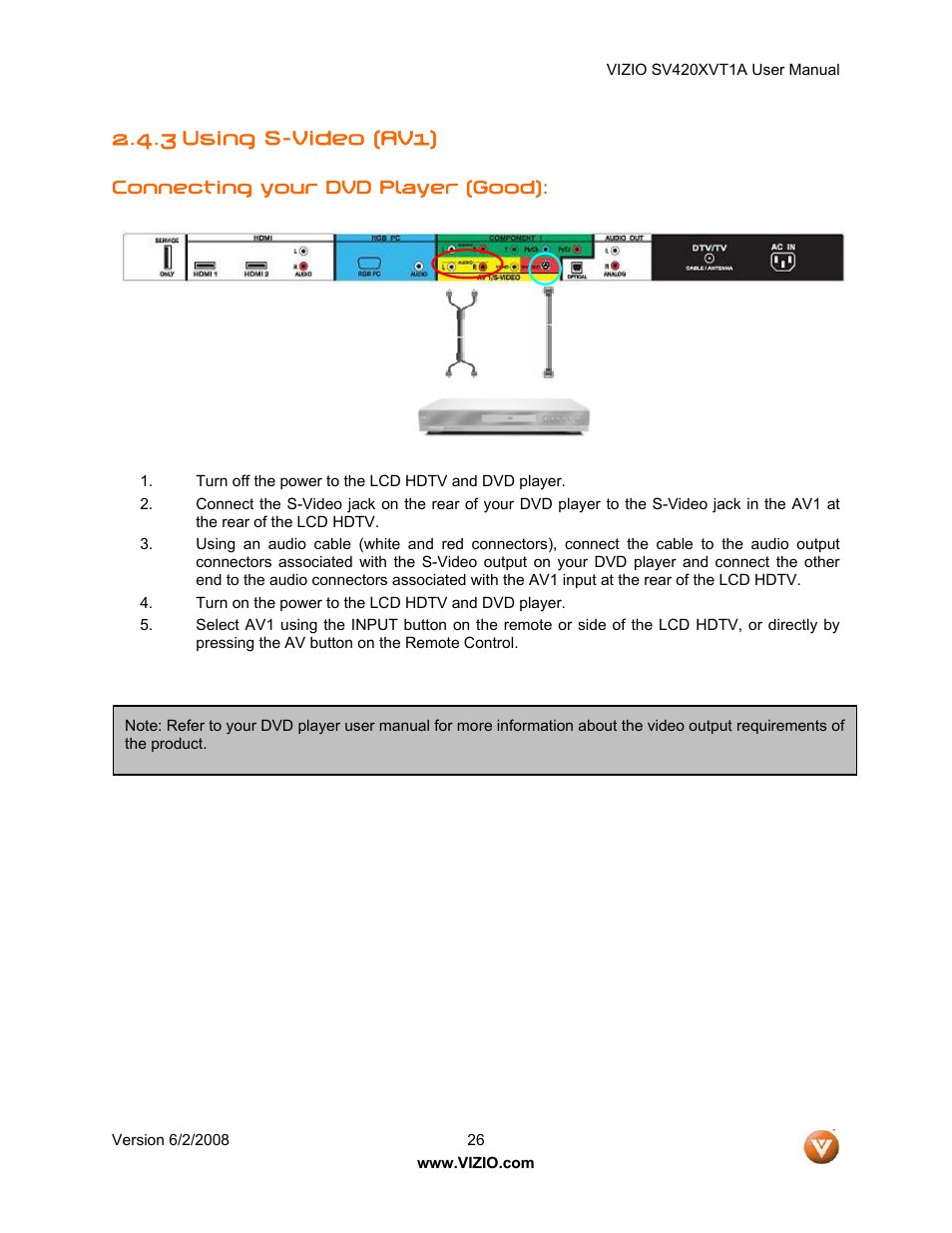 3 using s-video (av1) | Vizio SV420XVT1A User Manual | Page 26 / 104