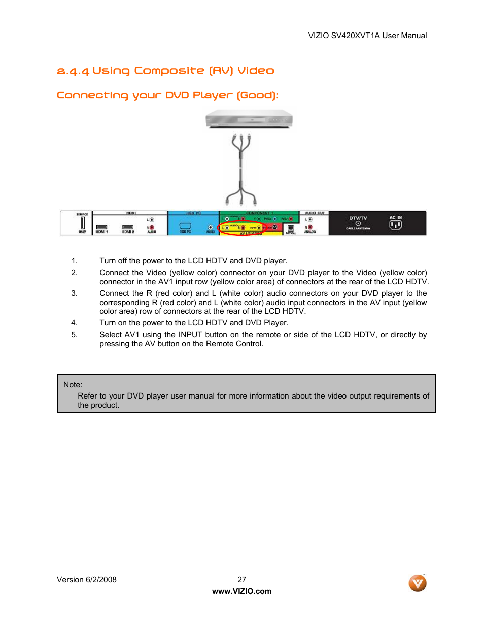 4 using composite (av) video | Vizio SV420XVT1A User Manual | Page 27 / 104