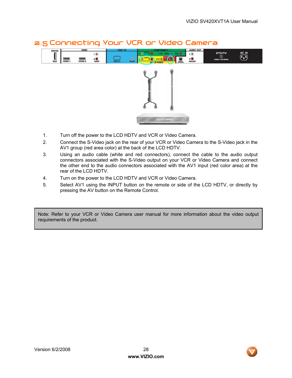 5 connecting your vcr or video camera | Vizio SV420XVT1A User Manual | Page 28 / 104