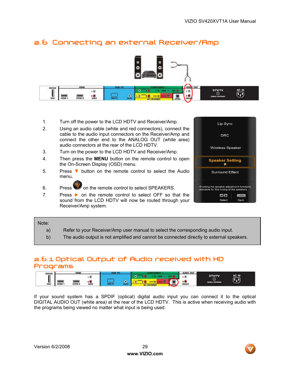 6 connecting an external receiver/amp, Optical output of audio received with hd programs | Vizio SV420XVT1A User Manual | Page 29 / 104