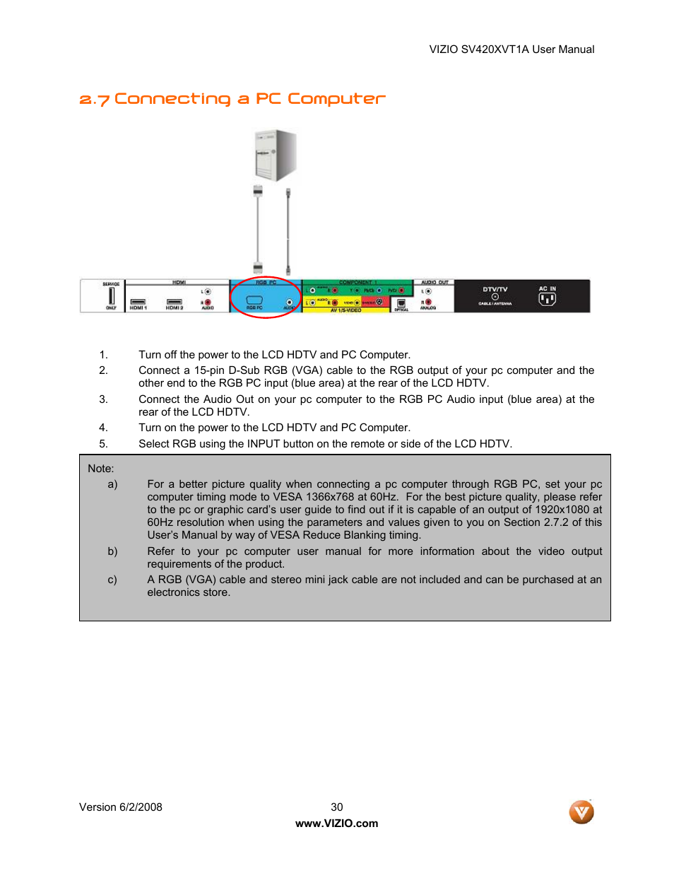 7 connecting a pc computer | Vizio SV420XVT1A User Manual | Page 30 / 104