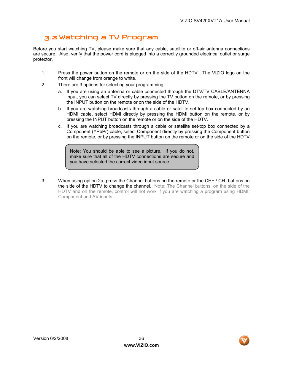 2 watching a tv program | Vizio SV420XVT1A User Manual | Page 36 / 104