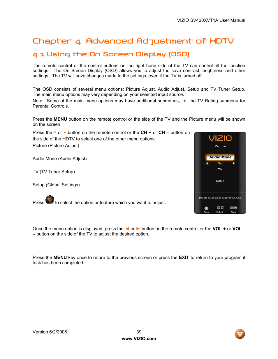 Chapter 4 advanced adjustment of hdtv, 1 using the on screen display (osd) | Vizio SV420XVT1A User Manual | Page 39 / 104