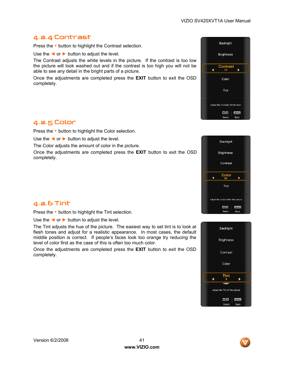 Contrast, 5 color, 6 tint | 4 contrast | Vizio SV420XVT1A User Manual | Page 41 / 104