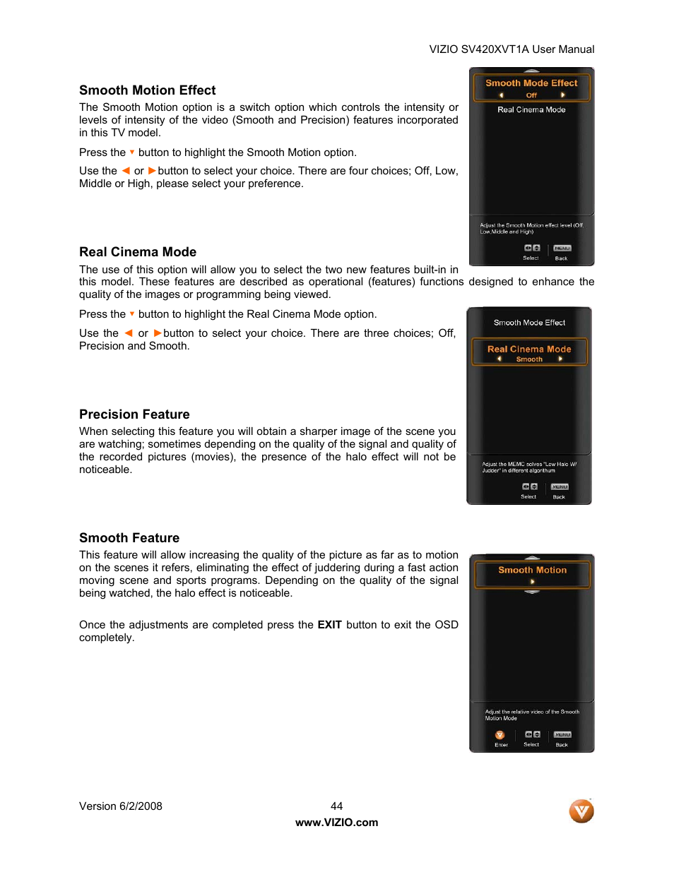 Smooth motion effect, Real cinema mode, Precision feature | Smooth feature | Vizio SV420XVT1A User Manual | Page 44 / 104