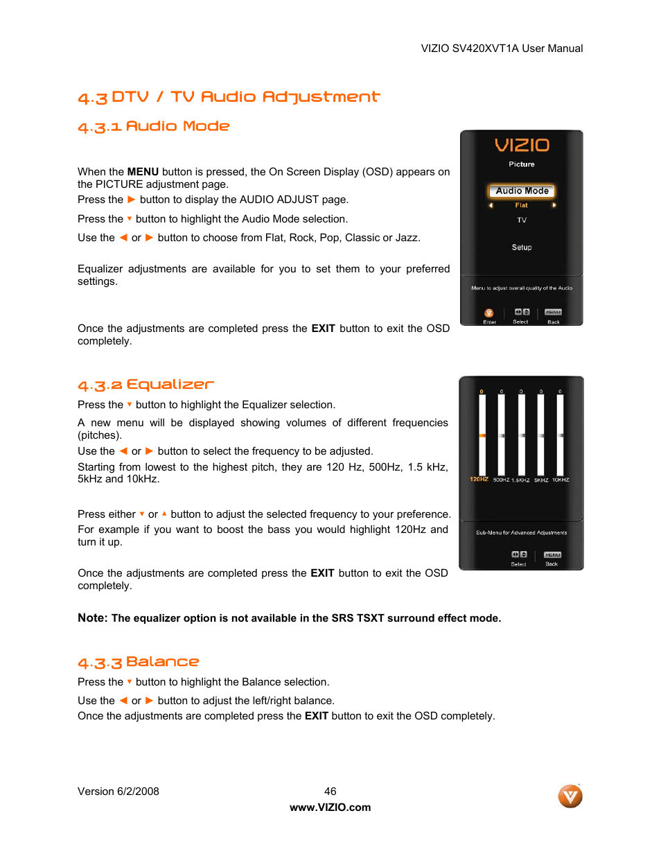 3 dtv / tv audio adjustment, Audio mode, Equalizer | 3 balance, 1 audio mode, 2 equalizer | Vizio SV420XVT1A User Manual | Page 46 / 104