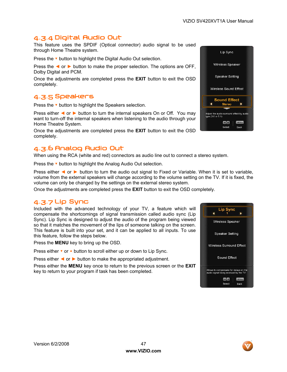 4 digital audio out, 5 speakers, 6 analog audio out | Lip sync, 7 lip sync | Vizio SV420XVT1A User Manual | Page 47 / 104