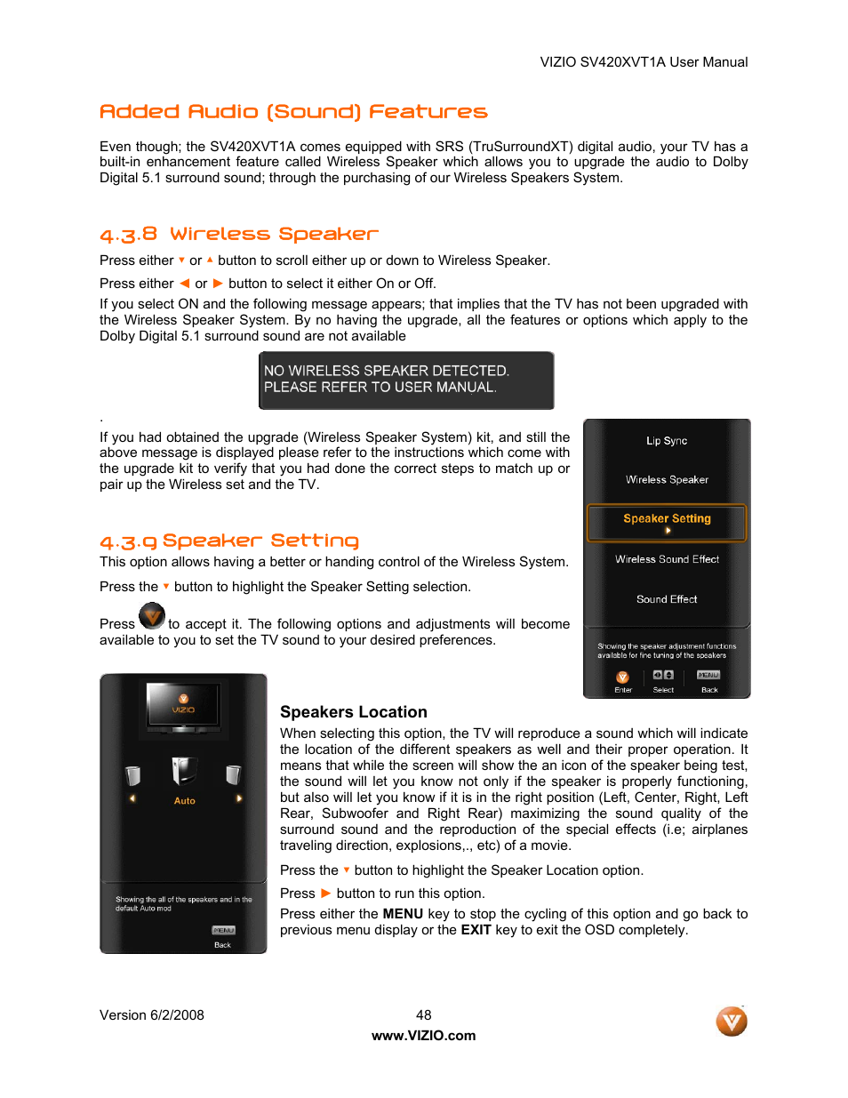 Added audio (sound) features, 8 wireless speaker, 9 speaker setting | Speakers location | Vizio SV420XVT1A User Manual | Page 48 / 104