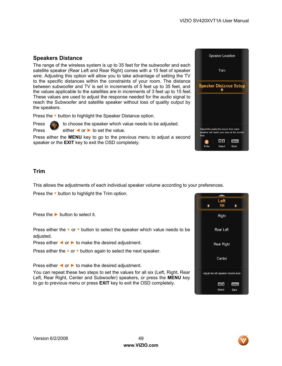 Speakers distance, Trim | Vizio SV420XVT1A User Manual | Page 49 / 104