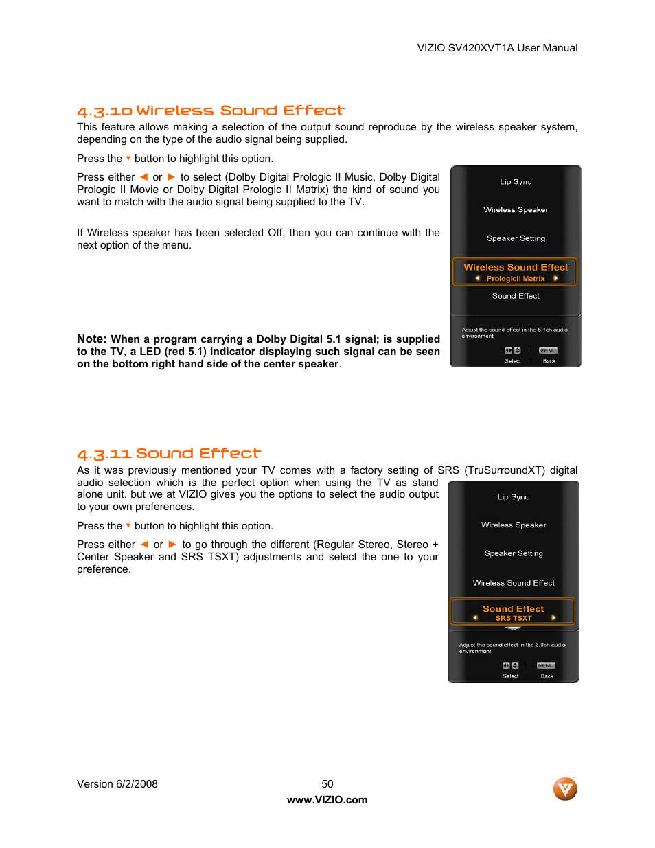 10 wireless sound effect, 11 sound effect, 10 wireless surround effect | Vizio SV420XVT1A User Manual | Page 50 / 104
