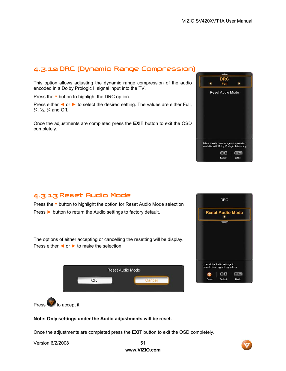 12 drc (dynamic range compression), Reset audio mode, 13 reset audio mode | Vizio SV420XVT1A User Manual | Page 51 / 104