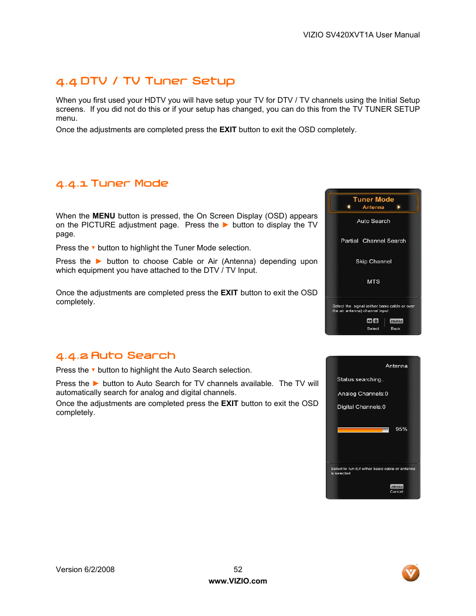 4 dtv / tv tuner setup, Tuner mode, Auto search | 1 tuner mode, 2 auto search | Vizio SV420XVT1A User Manual | Page 52 / 104