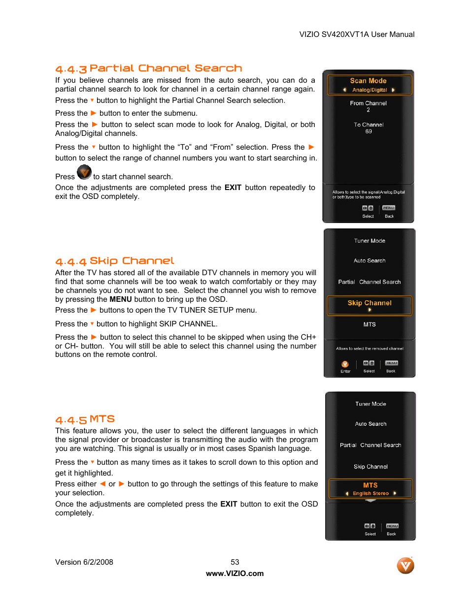 3 partial channel search, 4 skip channel, 5 mts | Vizio SV420XVT1A User Manual | Page 53 / 104