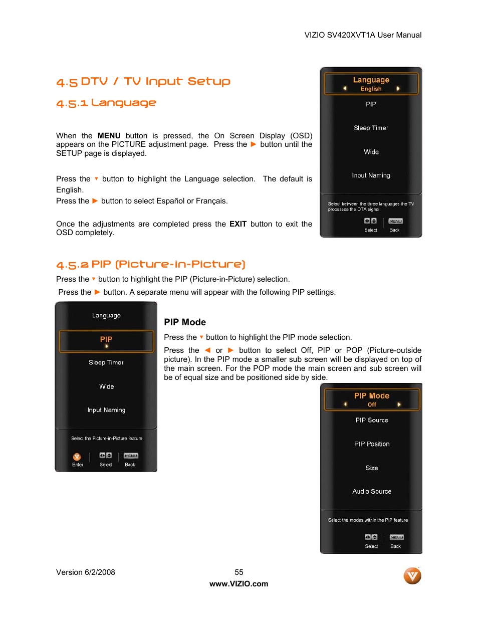 Dtv / tv input setup, 1 language, 2 pip (picture-in-picture) | Pip mode, 5 dtv / tv input setup | Vizio SV420XVT1A User Manual | Page 55 / 104
