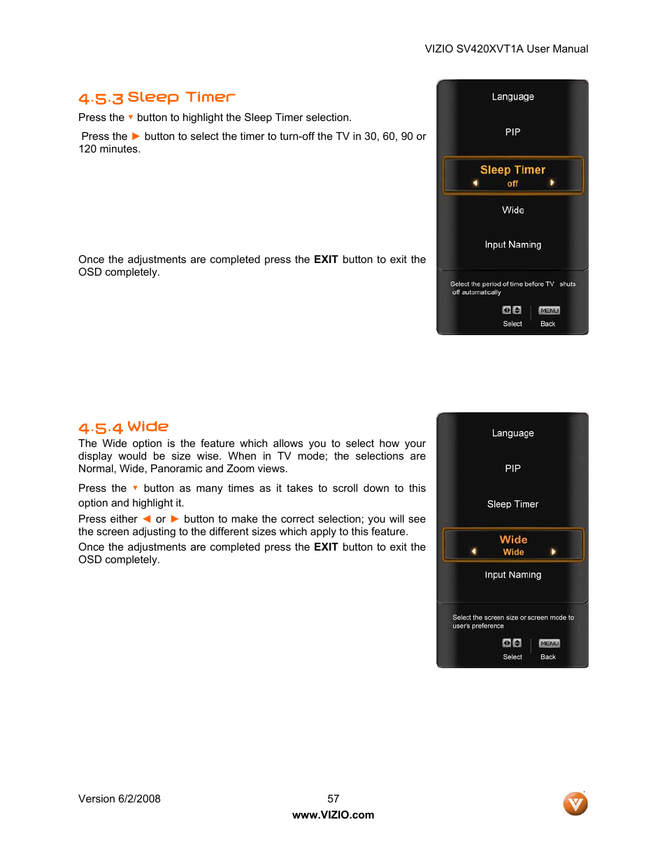 3 sleep timer, Wide, 4 wide | Vizio SV420XVT1A User Manual | Page 57 / 104