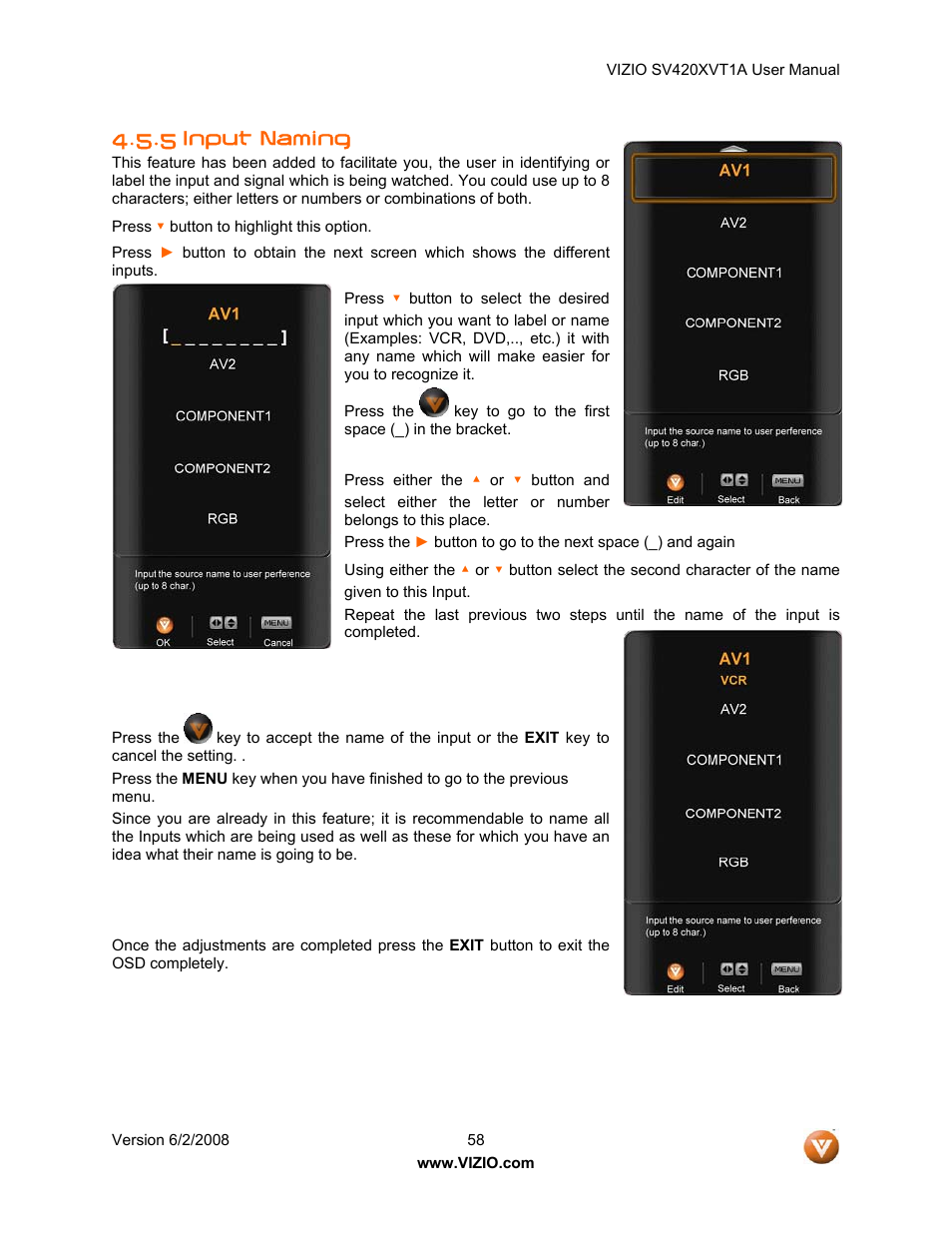 5 input naming | Vizio SV420XVT1A User Manual | Page 58 / 104