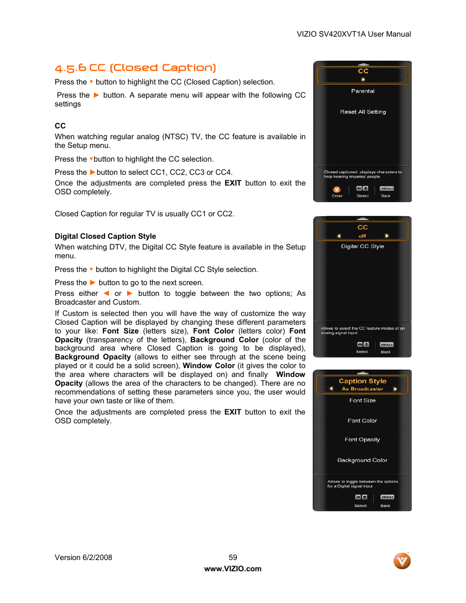 6 cc (closed caption) | Vizio SV420XVT1A User Manual | Page 59 / 104