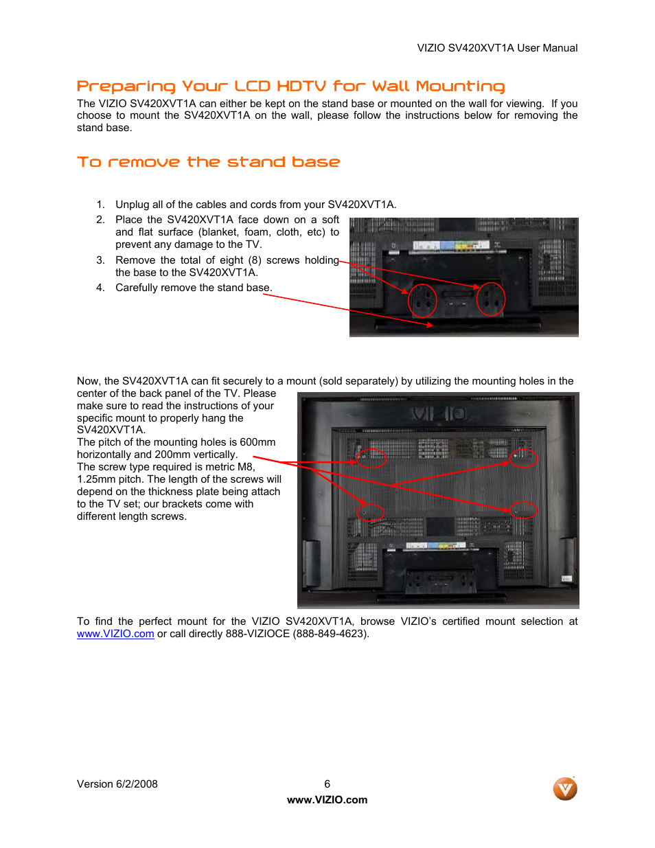 Preparing your lcd hdtv for wall mounting | Vizio SV420XVT1A User Manual | Page 6 / 104