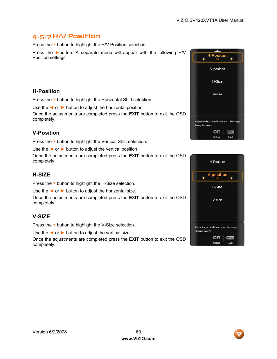 7 h/v position | Vizio SV420XVT1A User Manual | Page 60 / 104