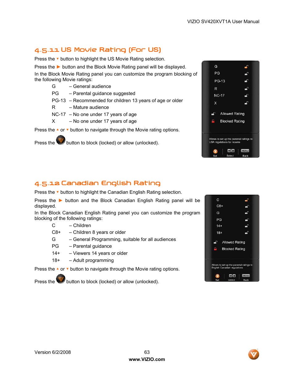 11 us movie rating (for us), 12 canadian english rating | Vizio SV420XVT1A User Manual | Page 63 / 104