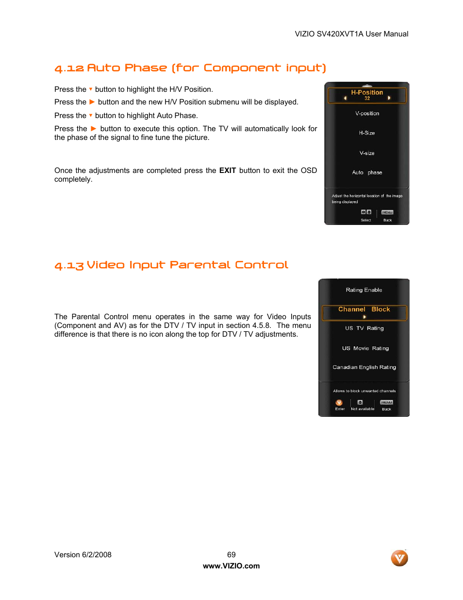 12 auto phase (for component input), Video input parental control, 13 video input parental control | Vizio SV420XVT1A User Manual | Page 69 / 104