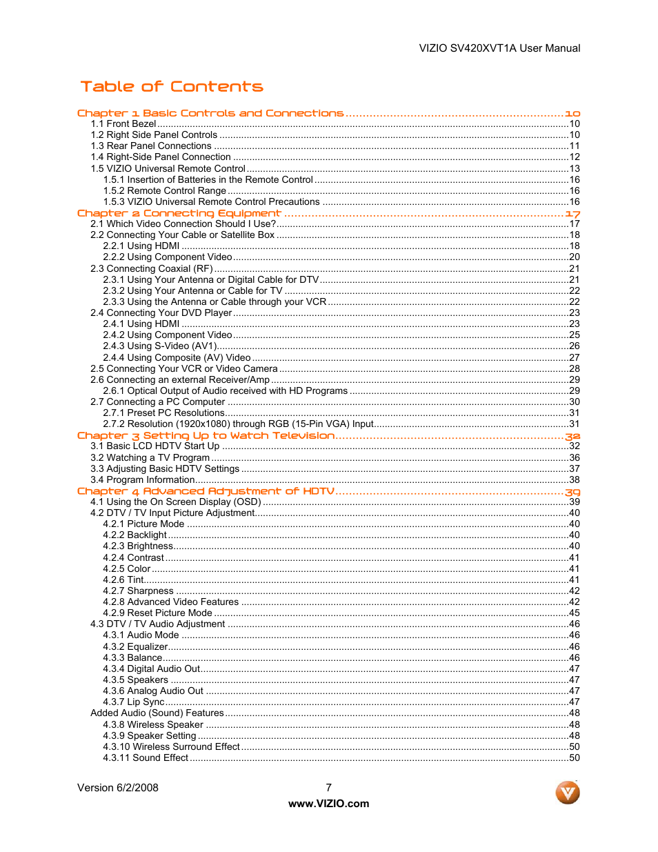 Vizio SV420XVT1A User Manual | Page 7 / 104