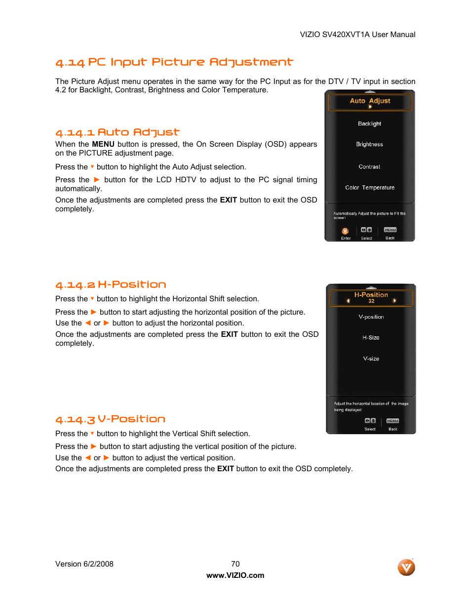 14 pc input picture adjustment, 1 auto adjust, H-position | 3 v-position, 2 h. position, 3 v. position, 2 h-position | Vizio SV420XVT1A User Manual | Page 70 / 104