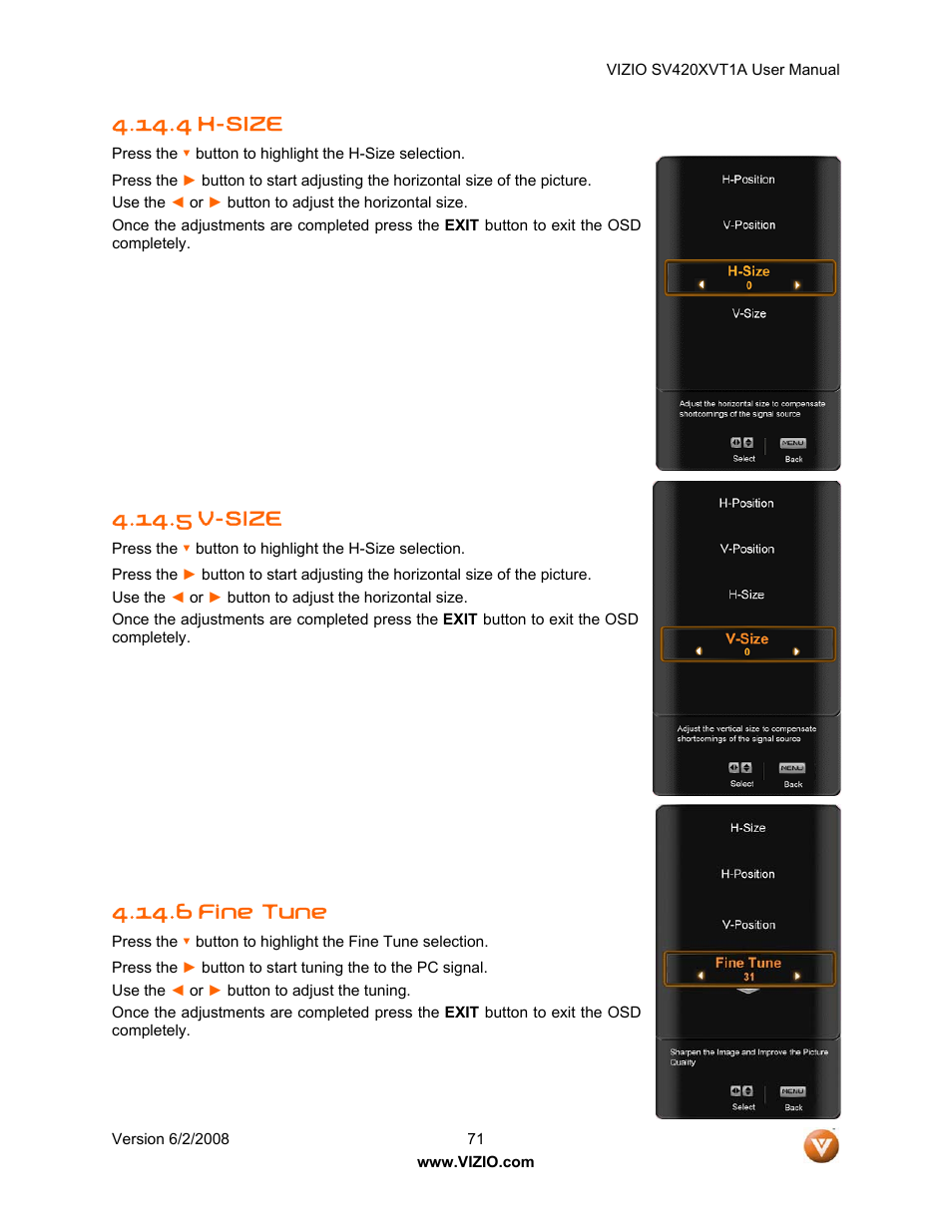4 h-size, 5 v-size, 6 fine tune | Vizio SV420XVT1A User Manual | Page 71 / 104