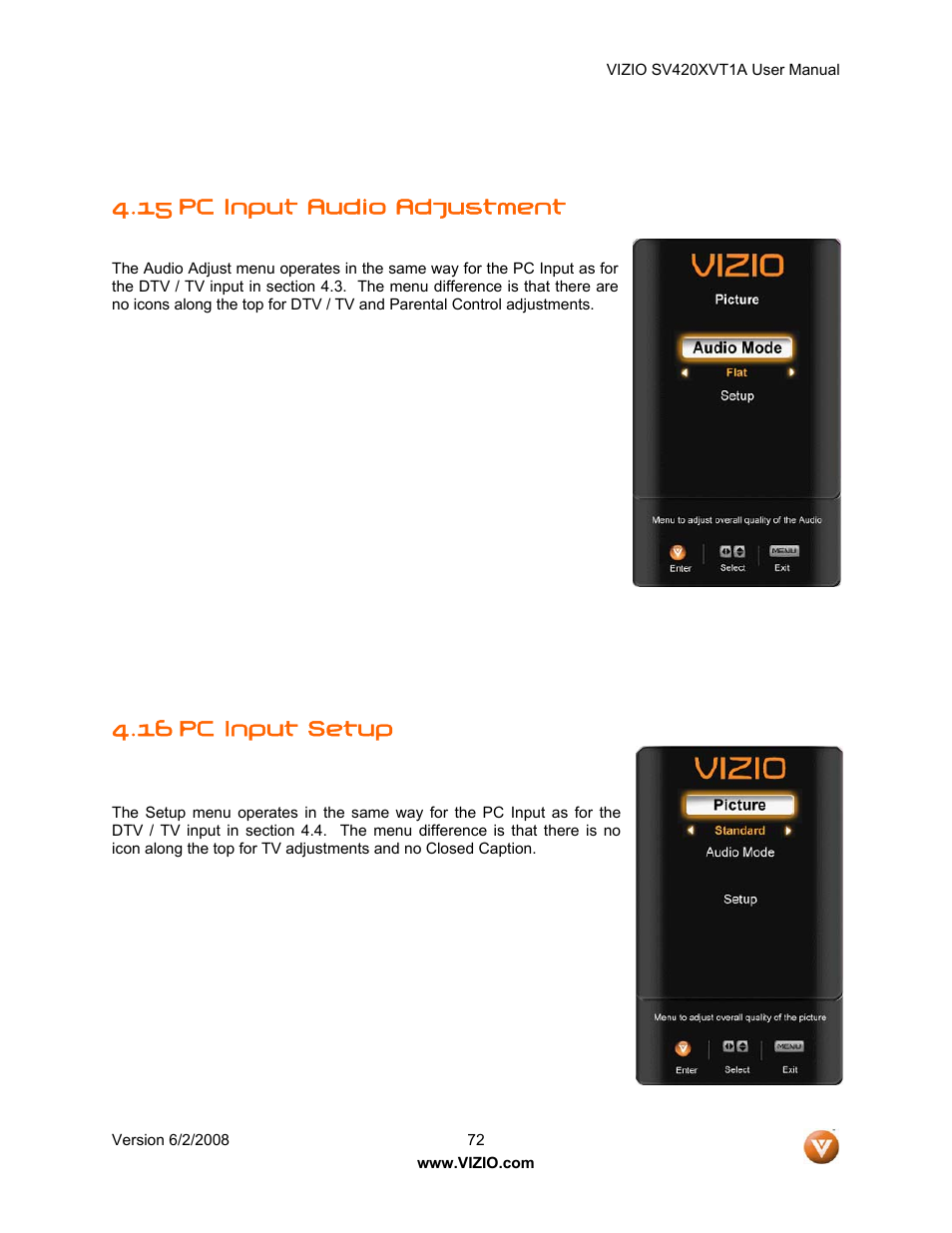 15 pc input audio adjustment, Pc input setup, 16 pc input setup | Vizio SV420XVT1A User Manual | Page 72 / 104