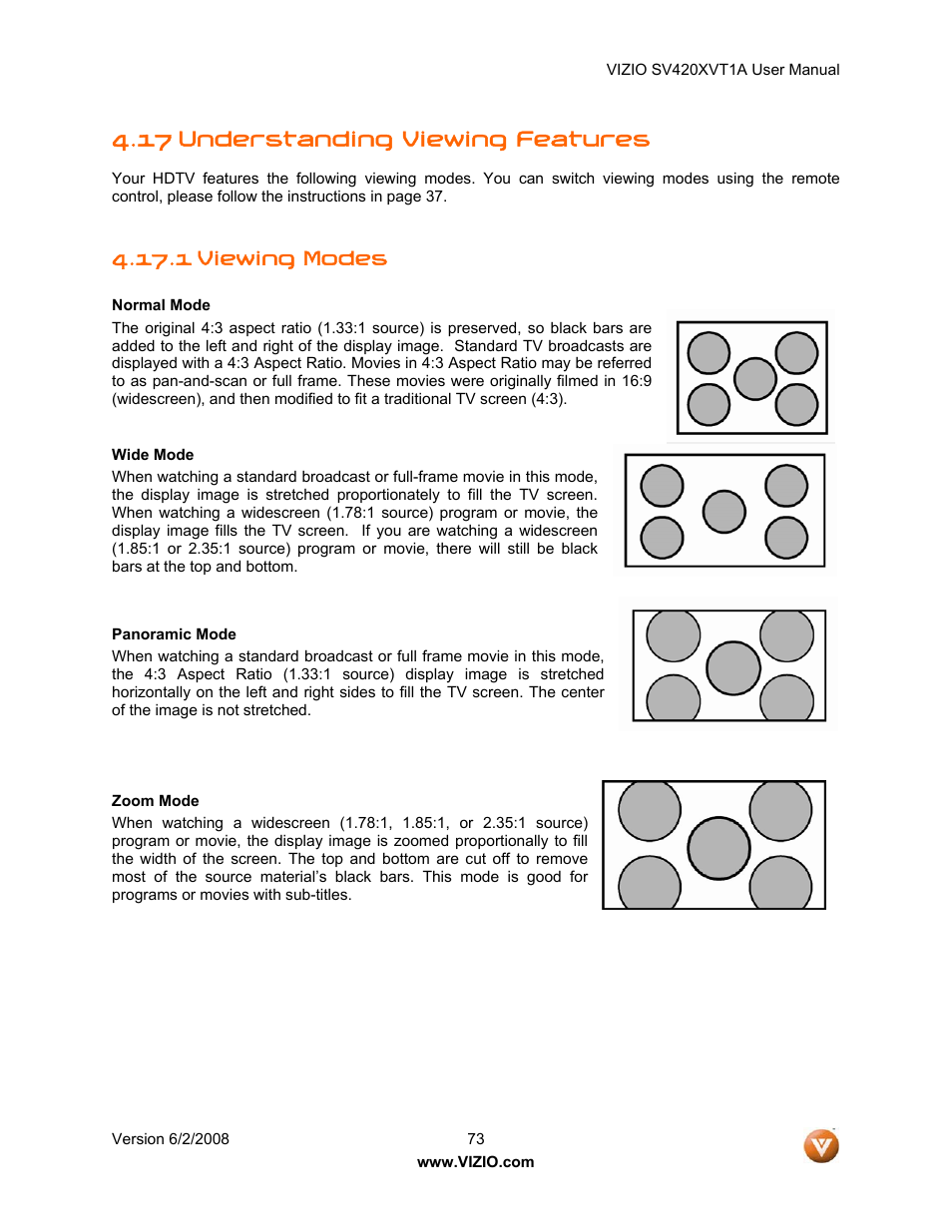 17 understanding viewing features, 1 viewing modes | Vizio SV420XVT1A User Manual | Page 73 / 104