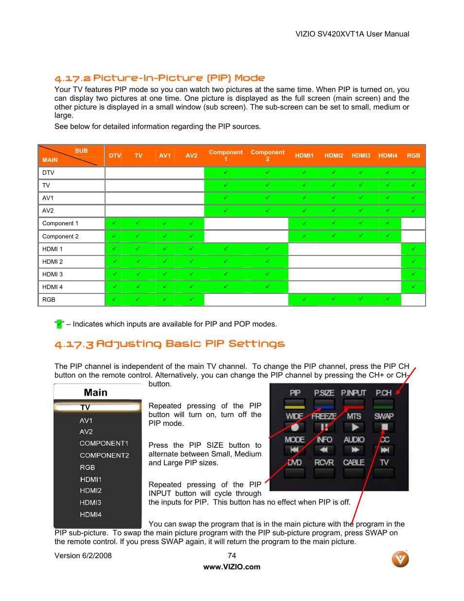 2 picture-in-picture (pip) mode, 3 adjusting basic pip settings | Vizio SV420XVT1A User Manual | Page 74 / 104