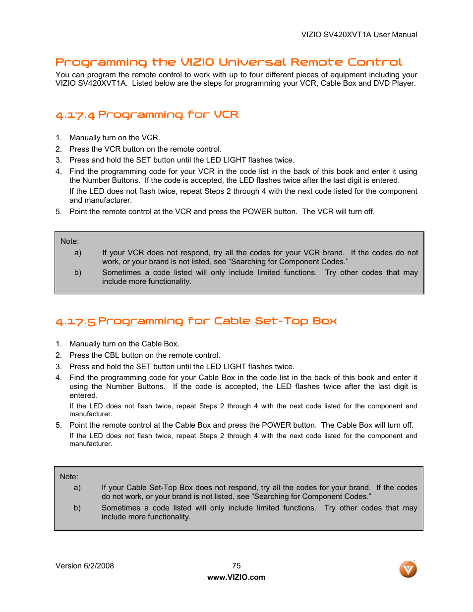 4 programming for vcr, 5 programming for cable set-top box, Programming the vizio universal remote control | Vizio SV420XVT1A User Manual | Page 75 / 104