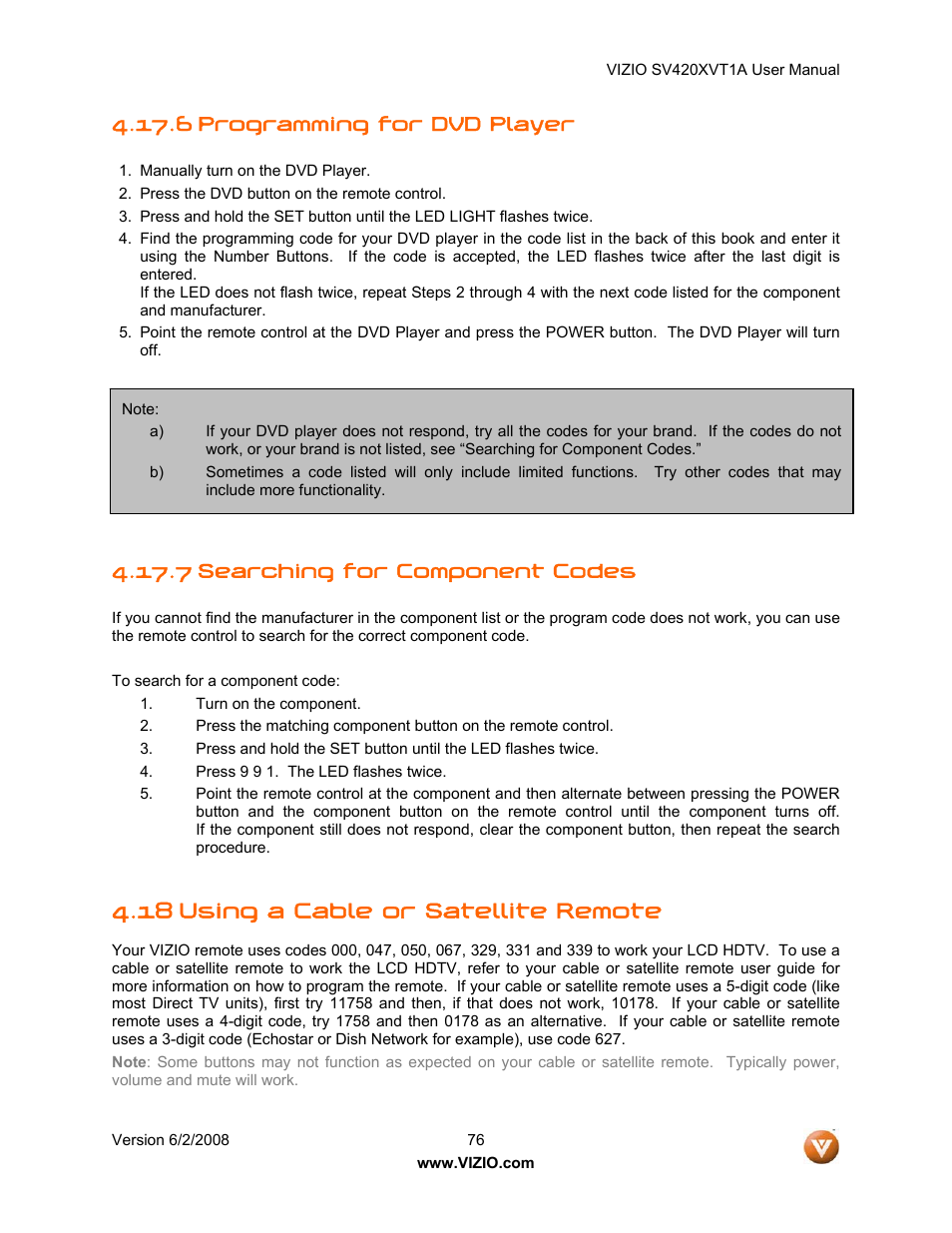 6 programming for dvd player, 7 searching for component codes, 18 using a cable or satellite remote | Vizio SV420XVT1A User Manual | Page 76 / 104