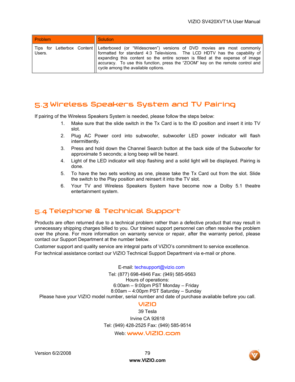 3 wireless speakers system and tv pairing, 4 telephone & technical support | Vizio SV420XVT1A User Manual | Page 79 / 104