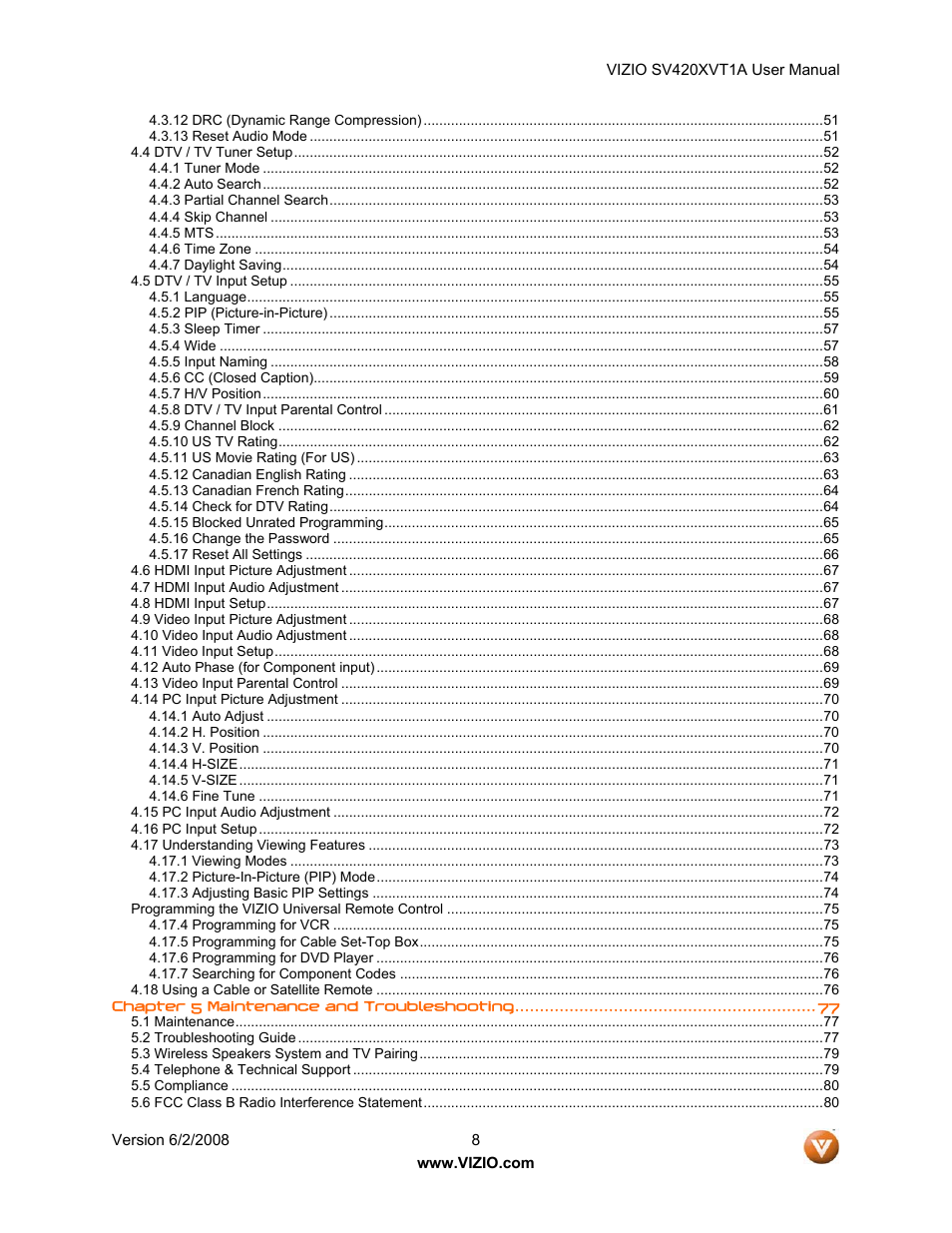 Vizio SV420XVT1A User Manual | Page 8 / 104