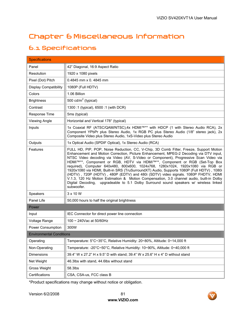 Chapter 6 miscellaneous information, 1 specifications | Vizio SV420XVT1A User Manual | Page 81 / 104