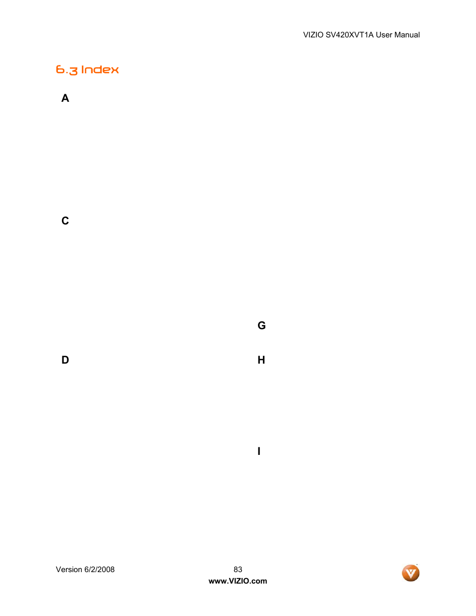 3 index, 3 index a | Vizio SV420XVT1A User Manual | Page 83 / 104