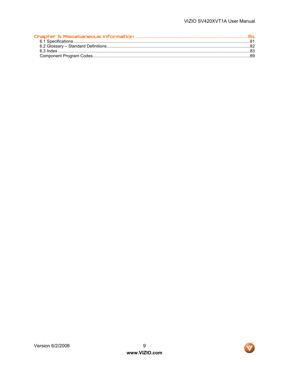 Vizio SV420XVT1A User Manual | Page 9 / 104