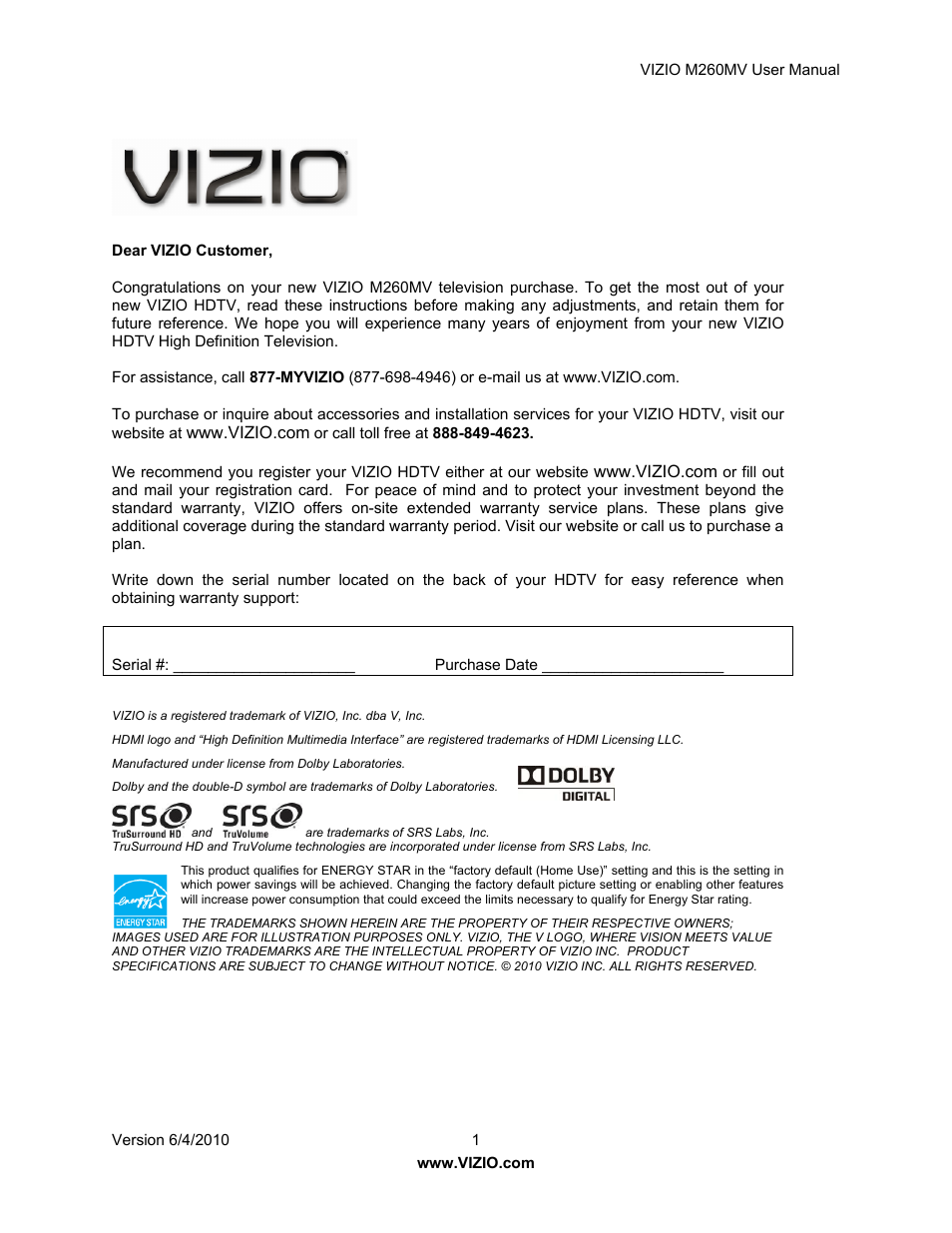 Vizio M260MV User Manual | 49 pages
