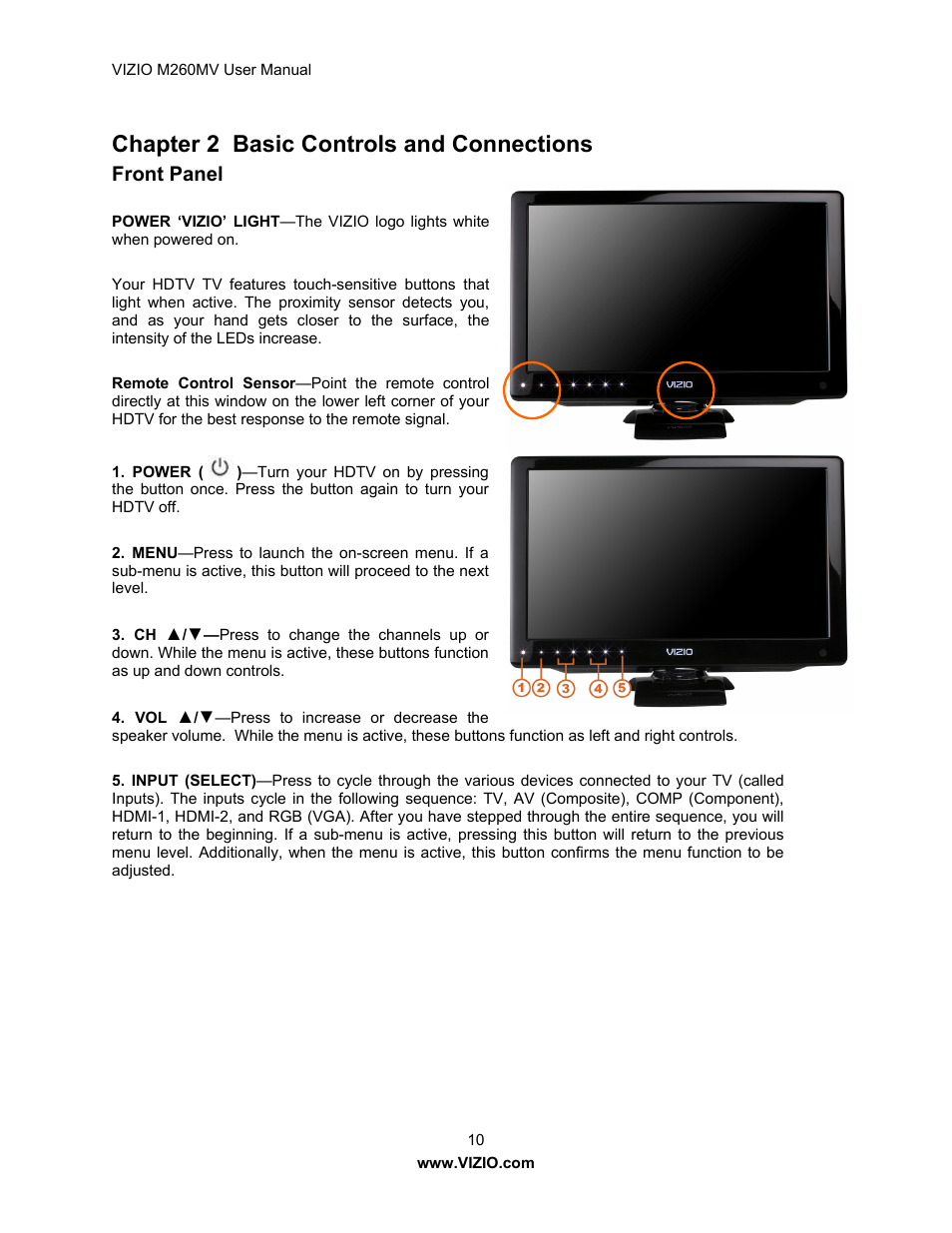 Chapter 2 basic controls and connections, Front panel | Vizio M260MV User Manual | Page 10 / 49