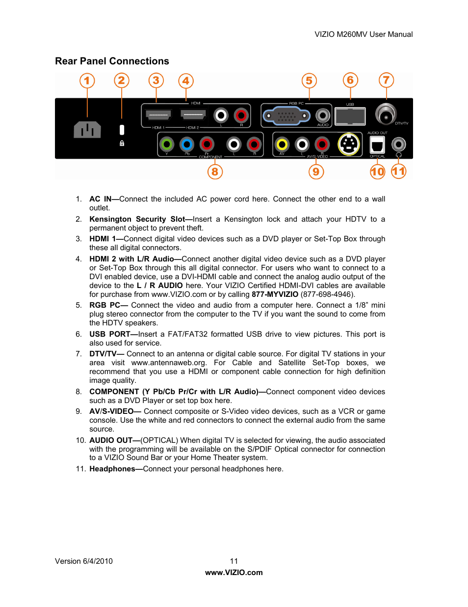 Rear panel connections | Vizio M260MV User Manual | Page 11 / 49