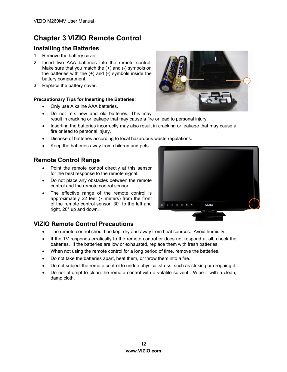 Chapter 3 vizio remote control, Installing the batteries, Remote control range | Vizio remote control precautions | Vizio M260MV User Manual | Page 12 / 49