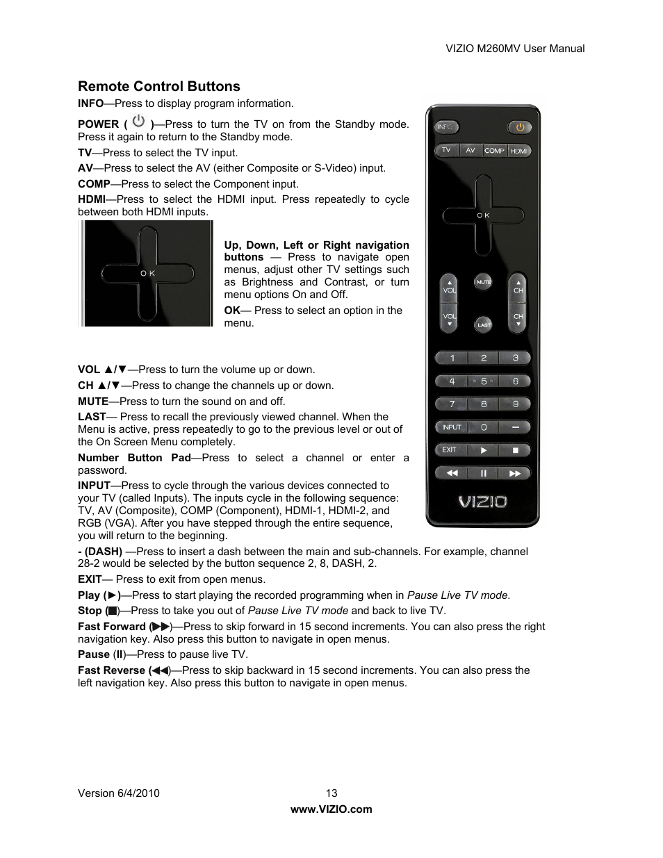 Remote control buttons | Vizio M260MV User Manual | Page 13 / 49