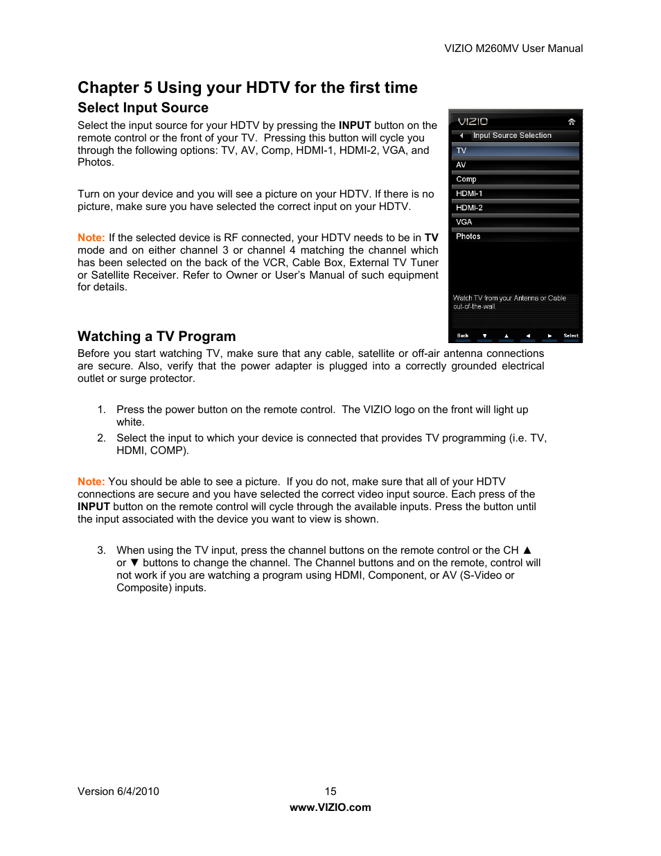 Chapter 5 using your hdtv for the first time, Select input source, Watching a tv program | Vizio M260MV User Manual | Page 15 / 49