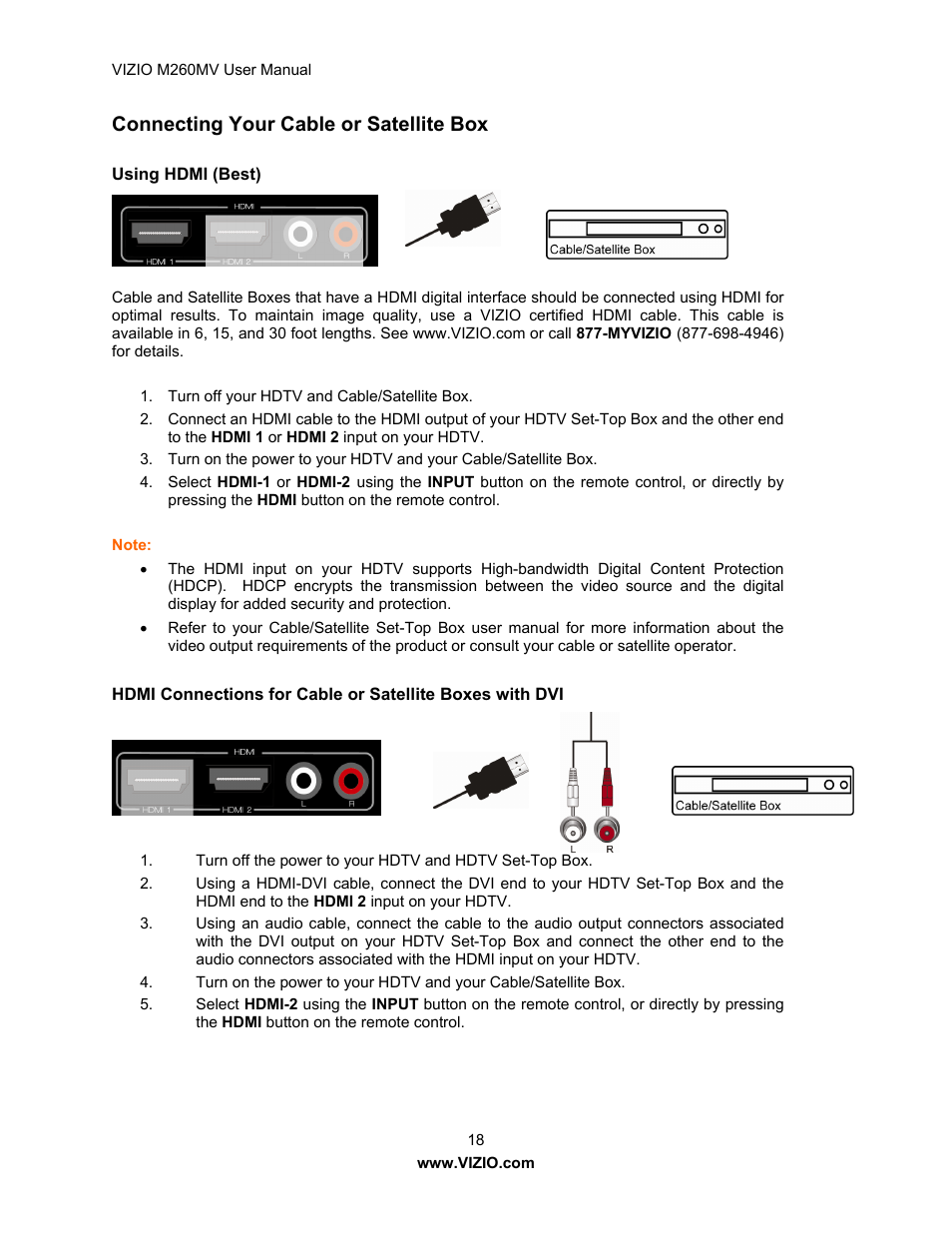 Connecting your cable or satellite box | Vizio M260MV User Manual | Page 18 / 49
